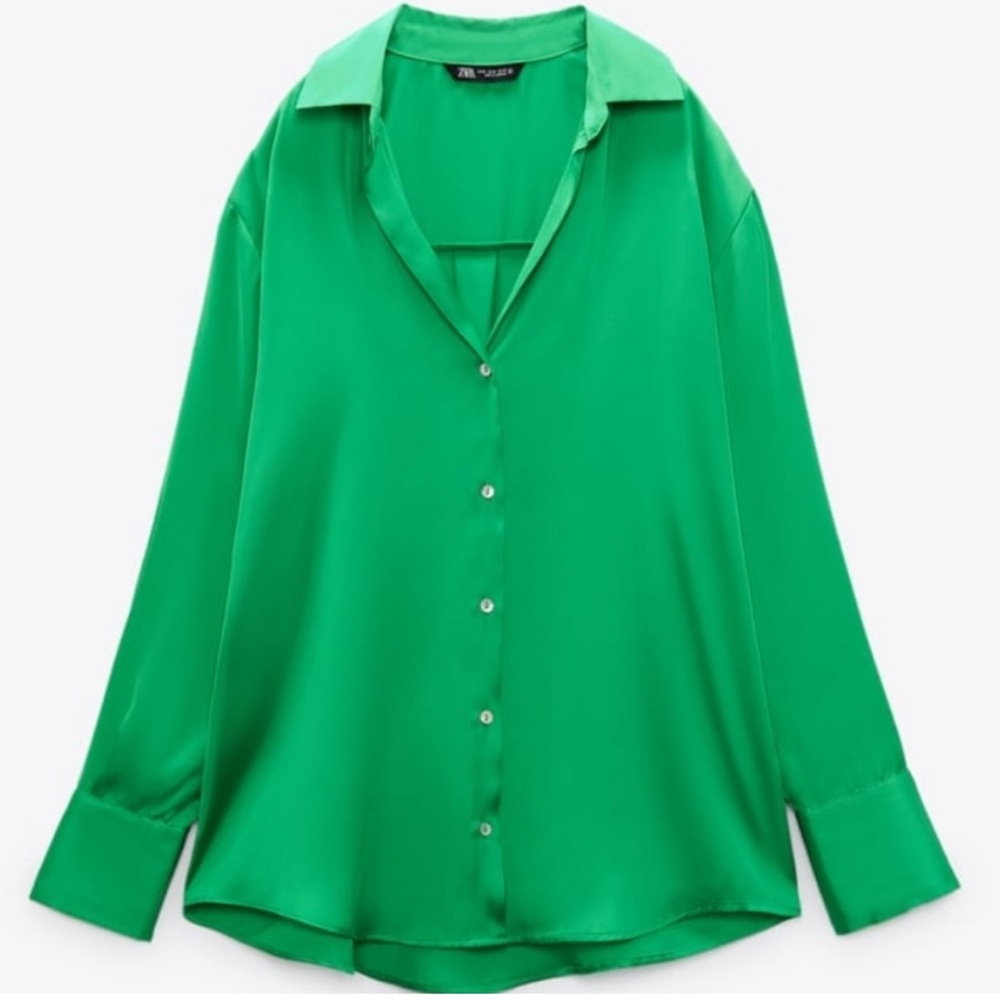 Zara Emerald Green Satin Button-Up Blouse